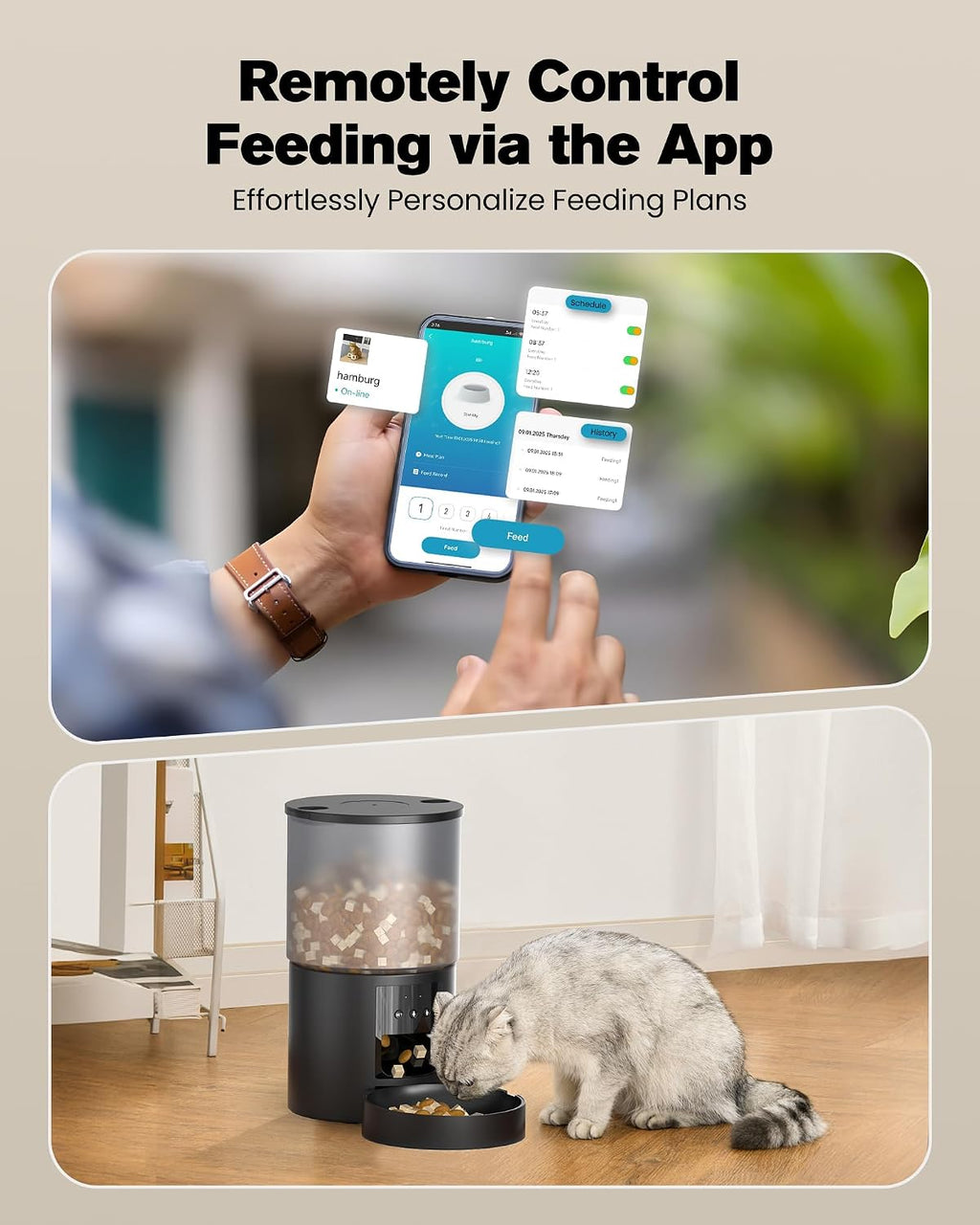 Futterautomat mit WLAN App-Steuerung, Timer, Schwarz