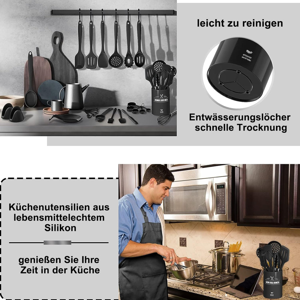 Silikon Kuechenhelfer Set 43-teilig schwarz hitzebestaendig mit Halter