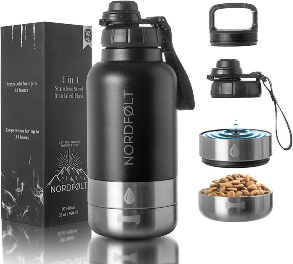 4-in-1 Hundetrinkflasche 950 ml Edelstahl Isoliert mit Napf BPA-frei