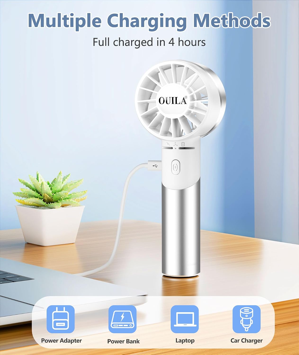 OUILA Handventilator USB 2600 mAh Metallgehaeuse 4 Stufen bis 7000 rpm Schwarz