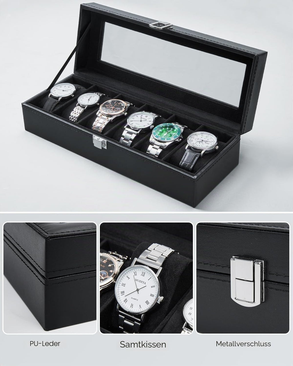 Ohuhu Uhrenbox 6 Faecher mit Glasdeckel Uhrenaufbewahrung