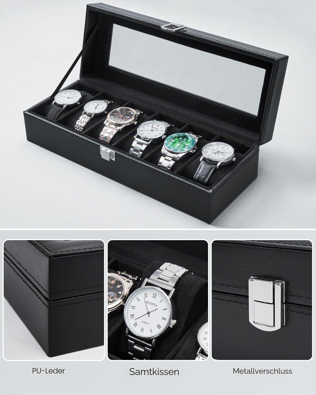 Ohuhu Uhrenbox 6 Faecher mit Glasdeckel Uhrenaufbewahrung