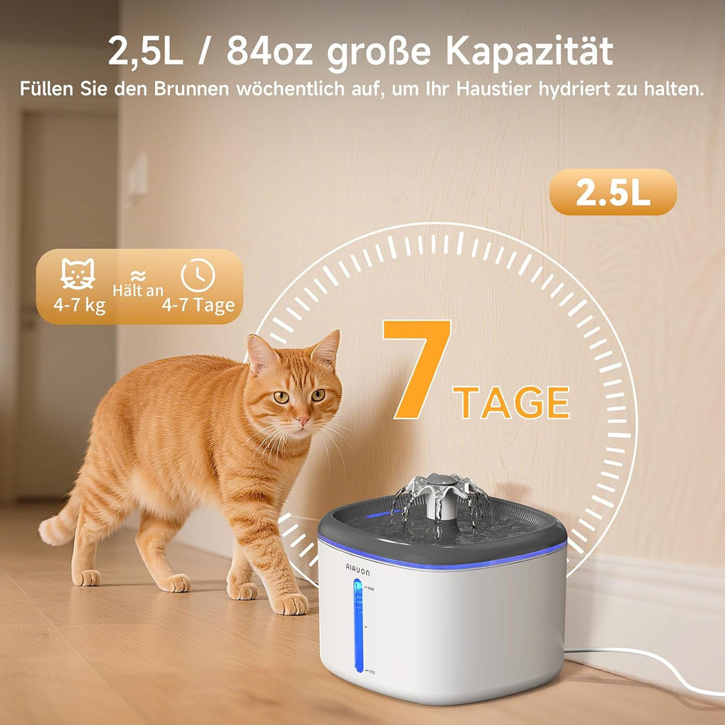 Katzen Trinkbrunnen leise mit LED Wasserstand und 2 Ersatzfiltern Weiss