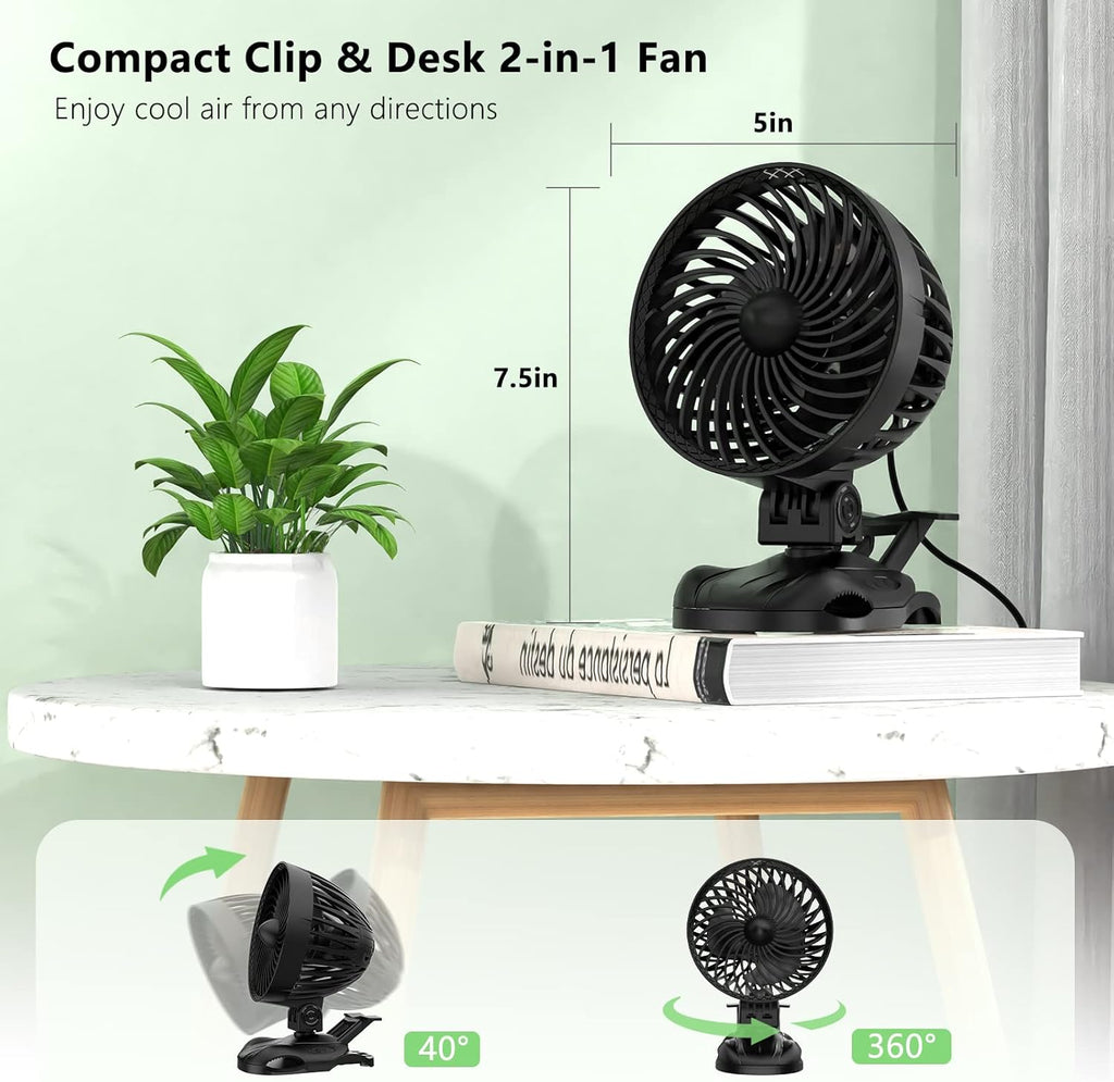 OUILA Mini USB Tischventilator mit Clip 9 Stufen 360° Drehung Schwarz