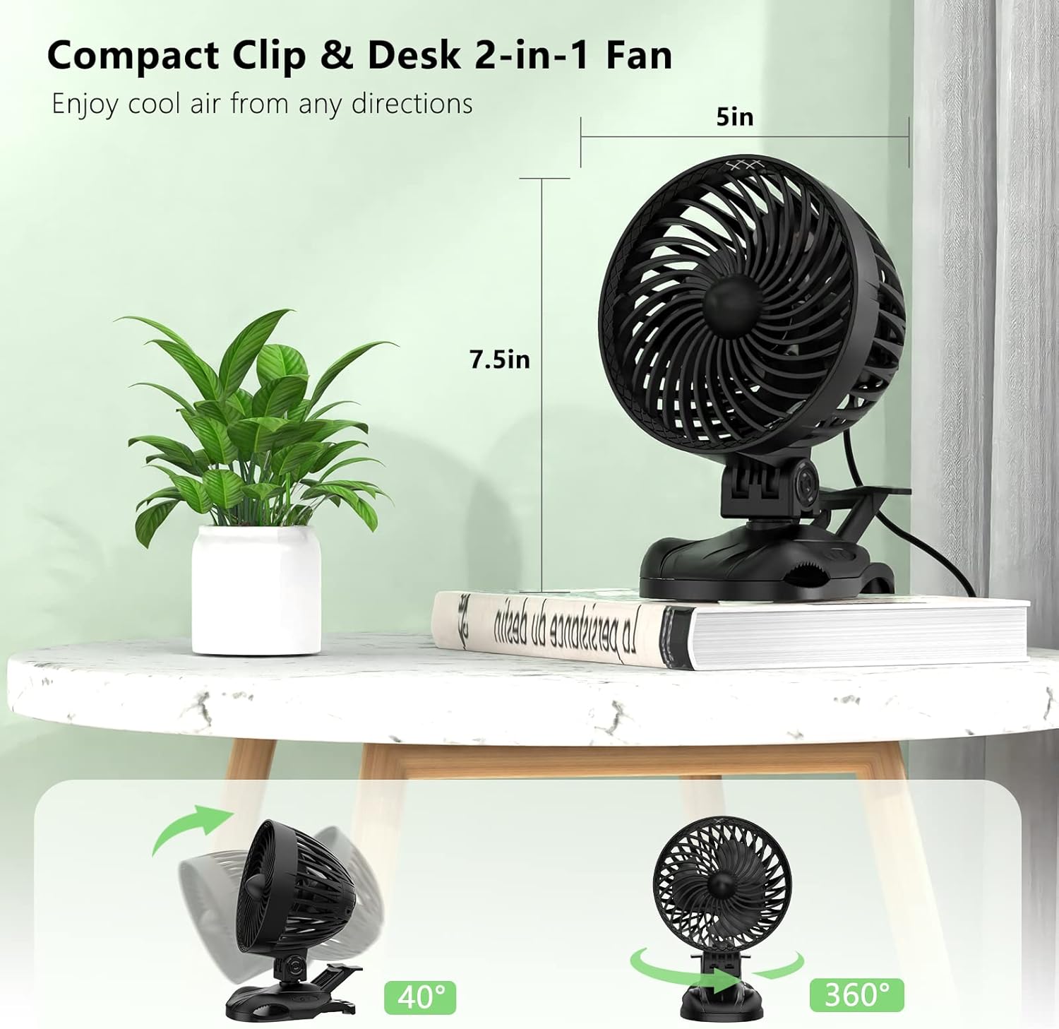 OUILA Mini USB Tischventilator mit Clip 9 Stufen 360° Drehung Schwarz