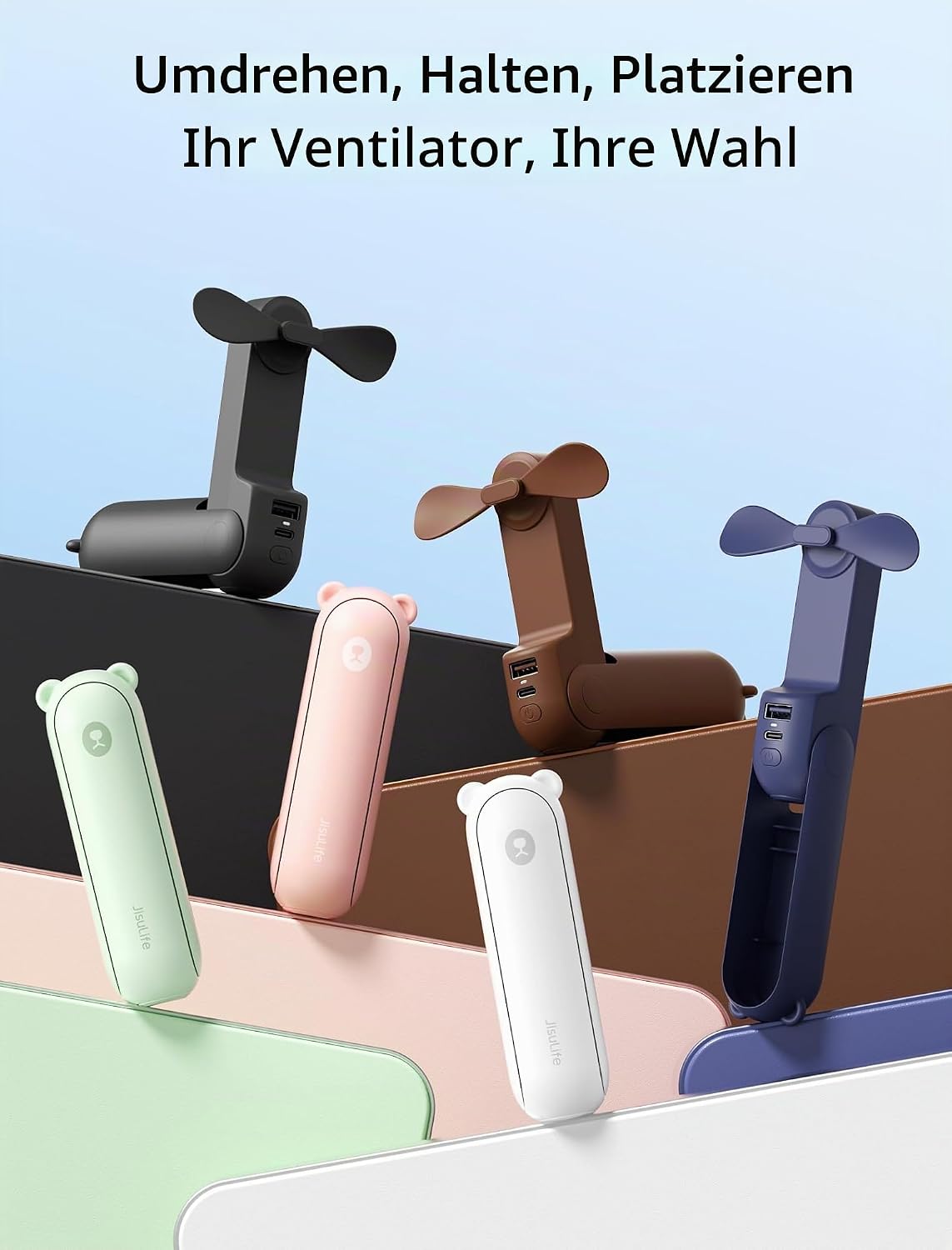 JISULIFE Mini Handventilator wiederaufladbar USB mit Powerbank Taschenlampe Rosa