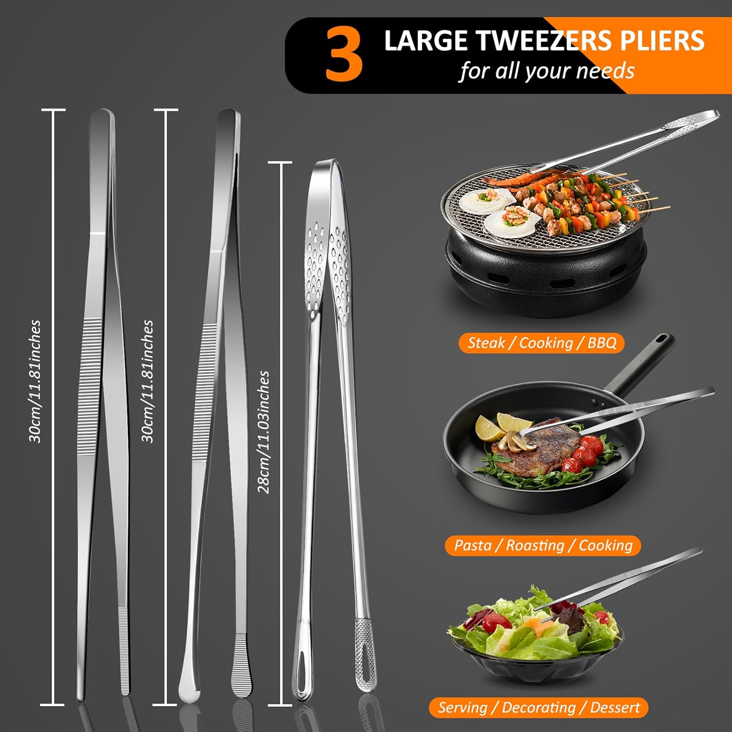 Edelstahl Kochpinzetten 3er Set 28-30 cm - Kuechenpinzette Profi