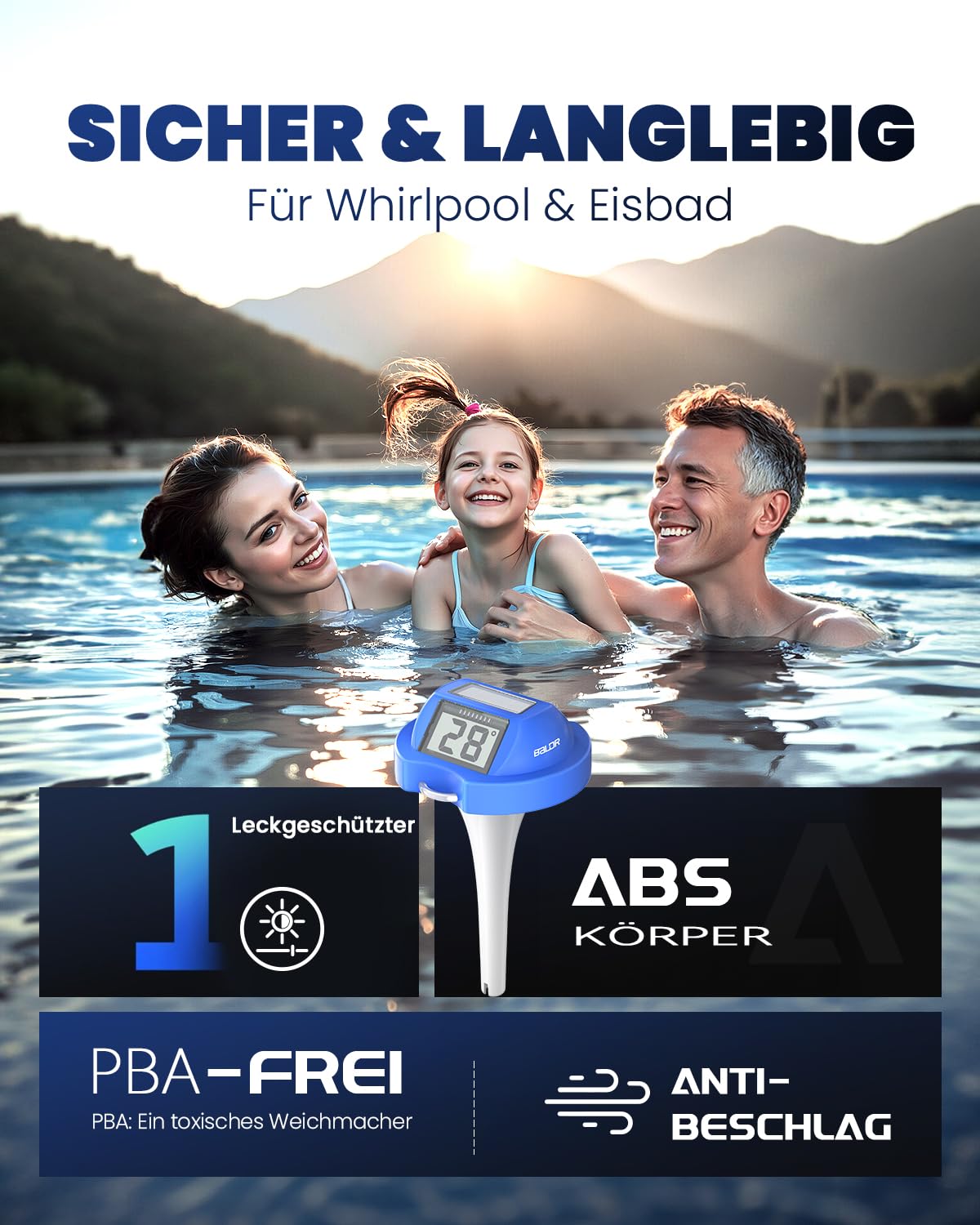 BALDR Solarschwimmer Poolthermometer mit zwei Displays, IPX7 wasserdicht
