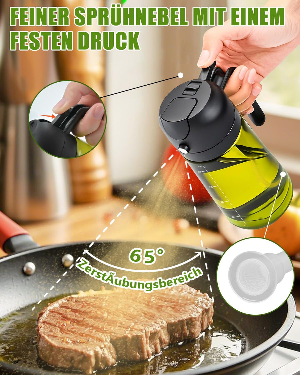 2in1 Oelsprueher 470 ml mit UV-Schutz fuer Kochen Grill Heissluftfritteuse