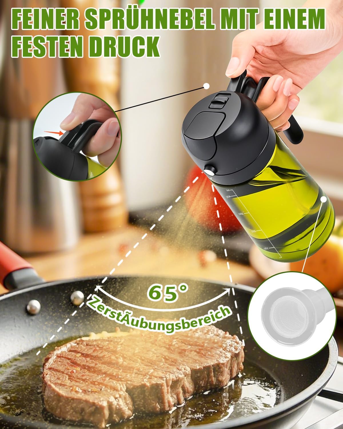 2in1 Oelsprueher 470 ml mit UV-Schutz fuer Kochen Grill Heissluftfritteuse