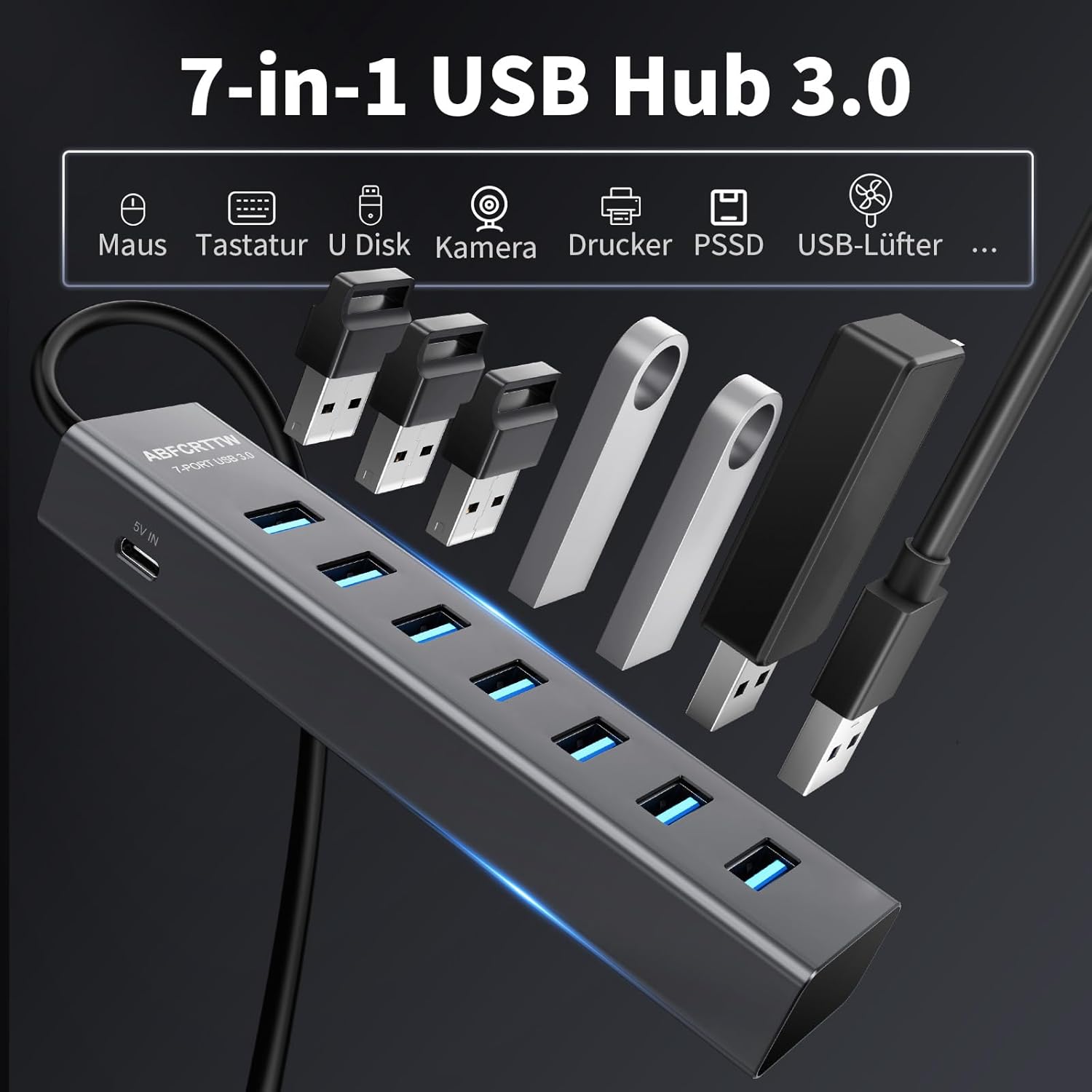 USB 3.0 Hub 7 Port Aluminium 5 Gbps Verteiler 30cm-180cm