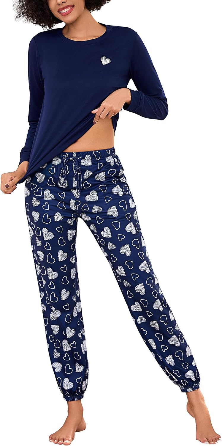 Damen Schlafanzug lang Baumwolle Winter Pyjama Set Herz‑Print Tasche S-XXL