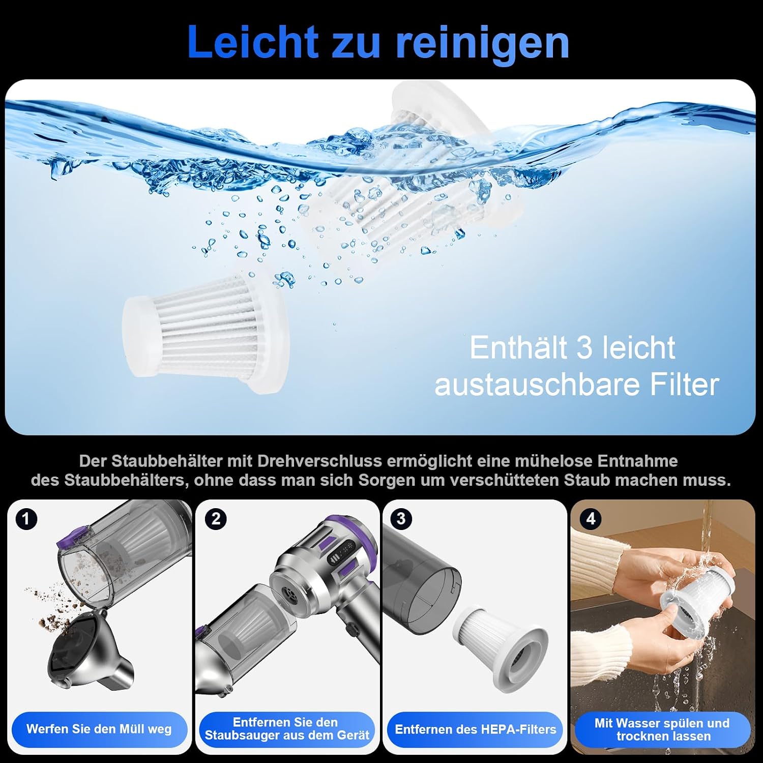 Akku-Handstaubsauger 26000Pa 4-in-1 mit Geblaesefunktion 6000mAh Grau