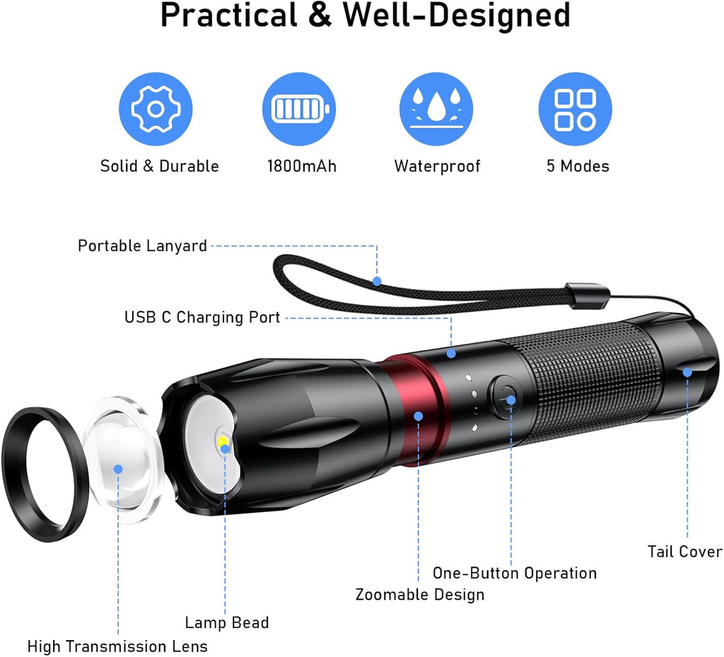 Blukar LED Taschenlampe 2000 lm zoombar, aufladbar, 5 Modi, IPX6