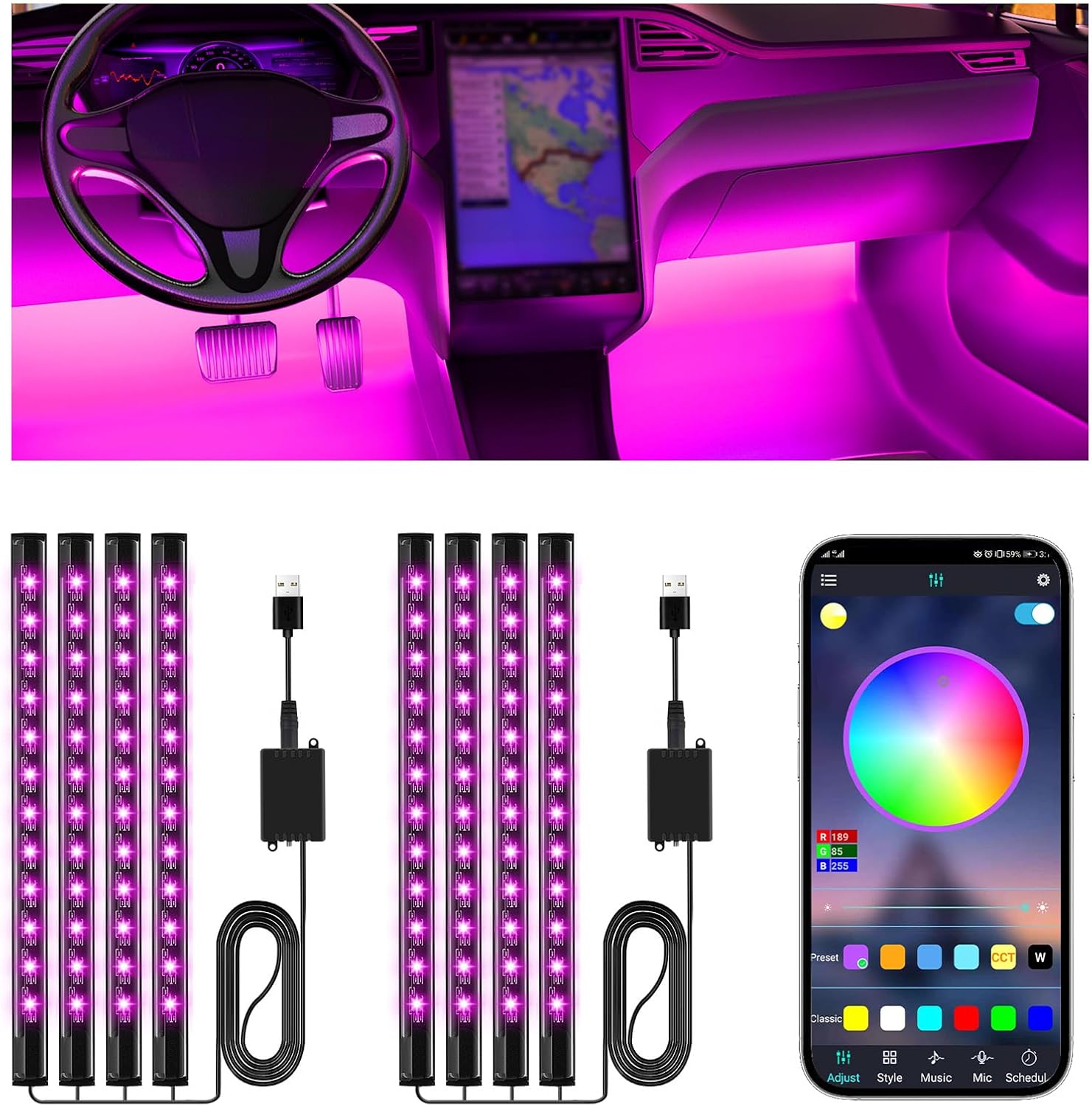 Winzwon Auto LED Ambientebeleuchtung mit App Steuerung 16 Mio Farben