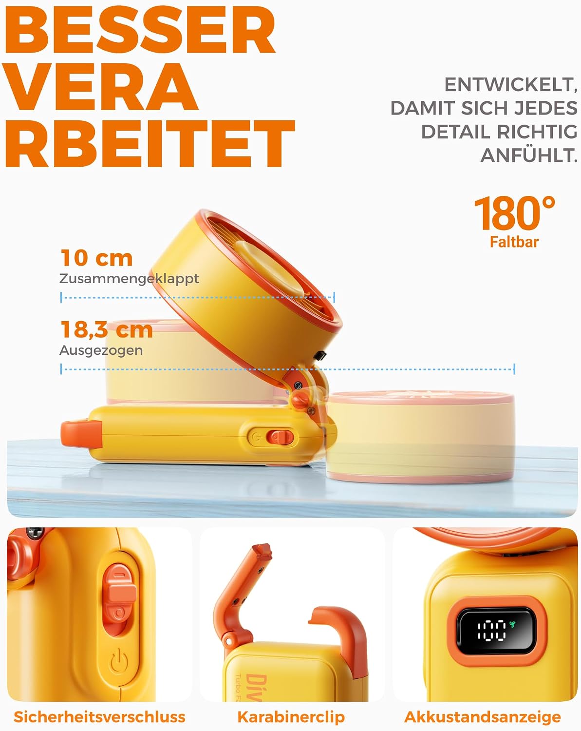 Diveblues Handventilator 4-in-1 faltbar 180° Akku 100 Stufen starker Luftstrom
