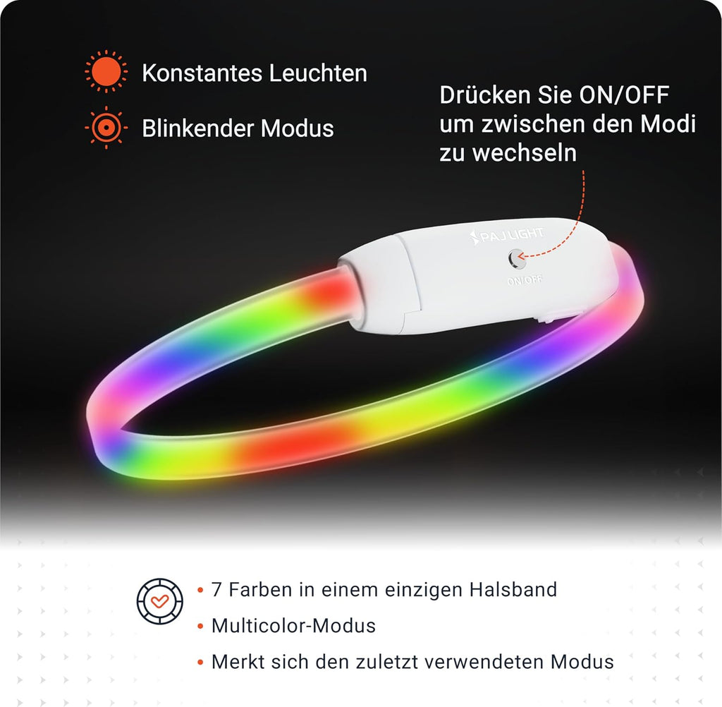 PAJ Light LED Hundehalsband cm verstellbar wasserfest schwarz, 7 Farben