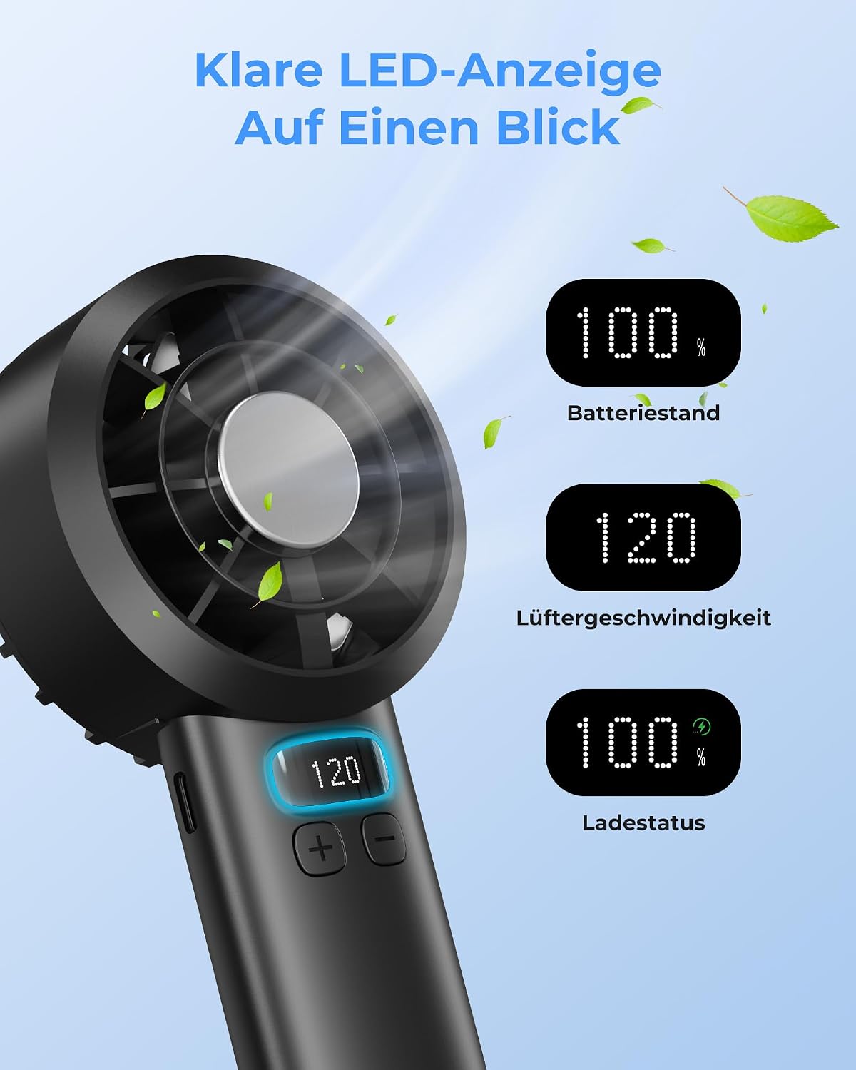 Handventilator 3000 mAh USB Tragbar 120 Stufen LED-Display Sicherheitsverriegelu