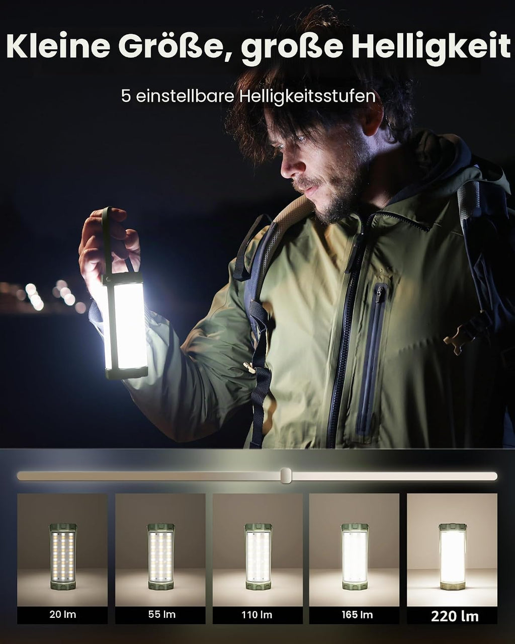 Glocusent Campinglampe 5000mAh mit 5 Helligkeitsstufen, SOS, IP68, 80 Std