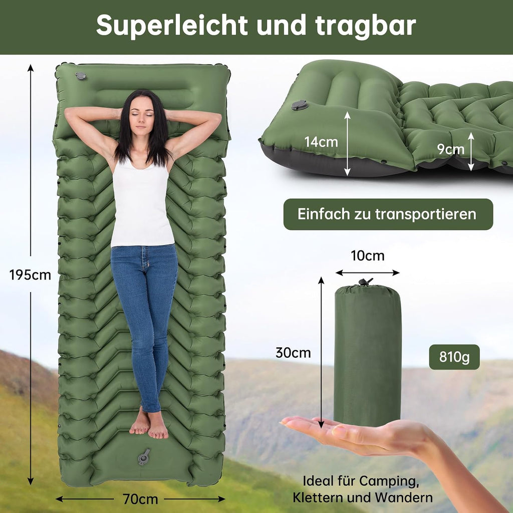 HAUSPROFI Isomatte ultraleicht aufblasbar mit Fusspumpe und Kissen, gruen