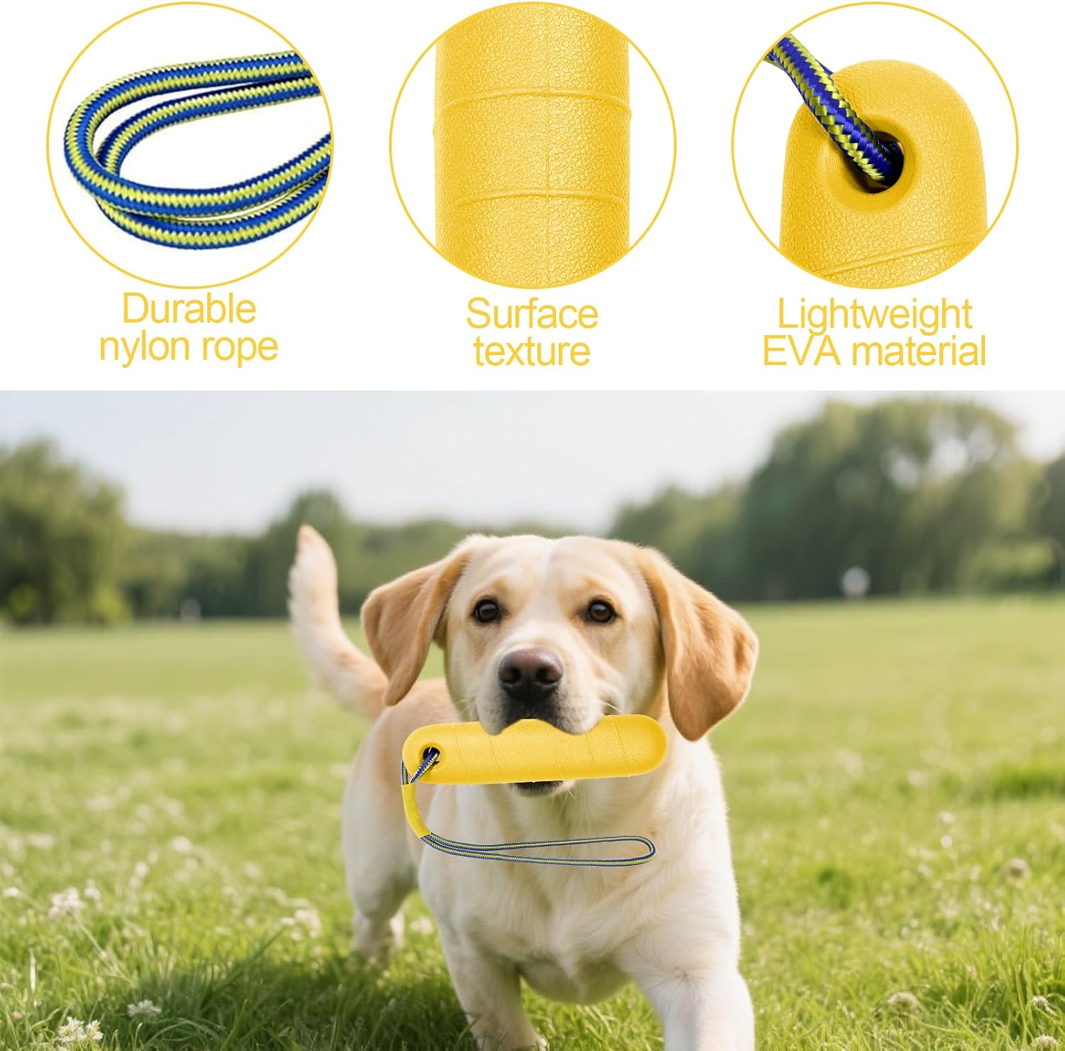 Wasserspielzeug Hund 22 cm mit Nylonseil fuer mittelgrosse und grosse Hunde Gelb