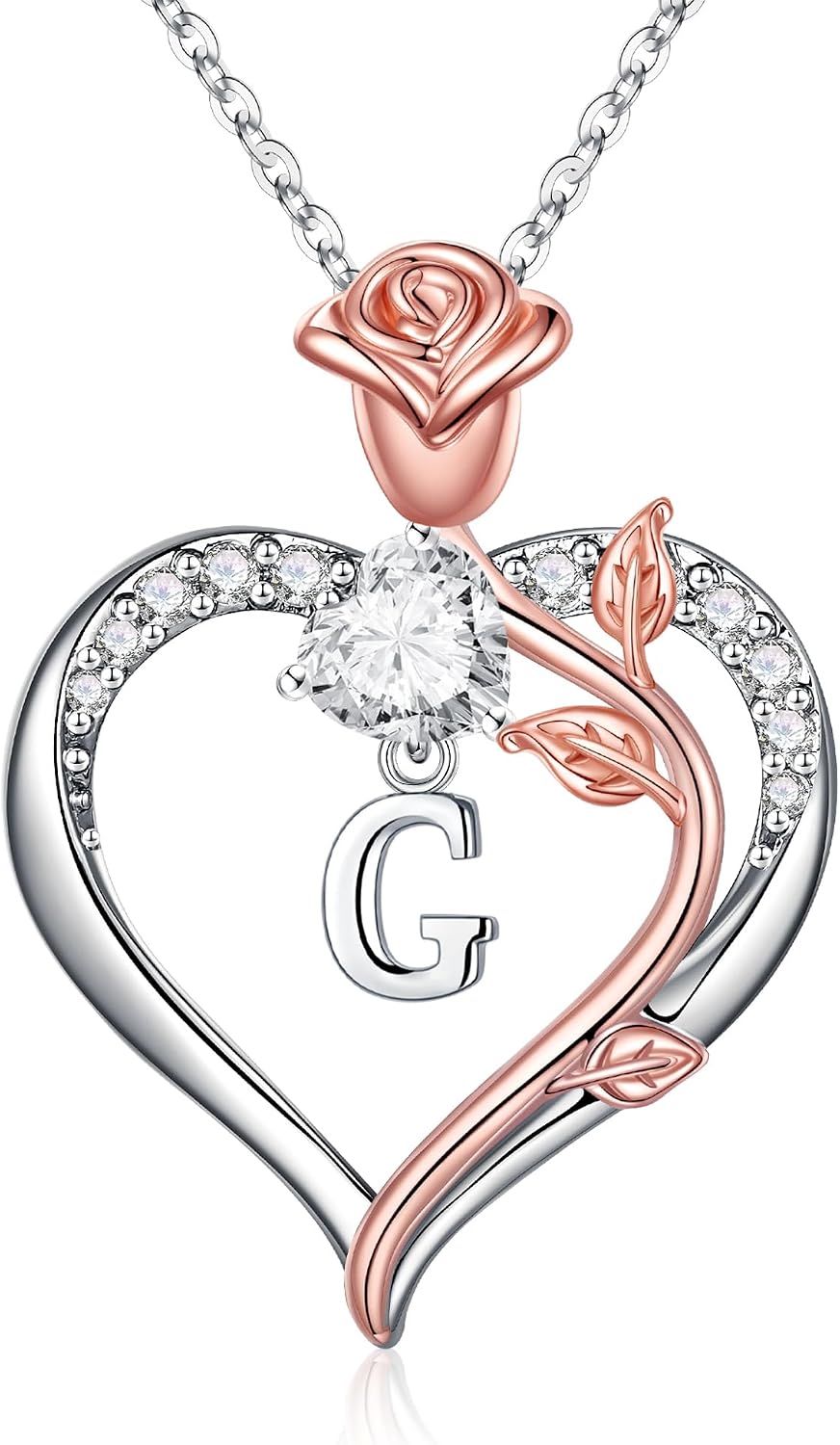 TINGN Rosen-Herz Halskette 14K Weissgold mit Zirkonia und Gravur Initialen