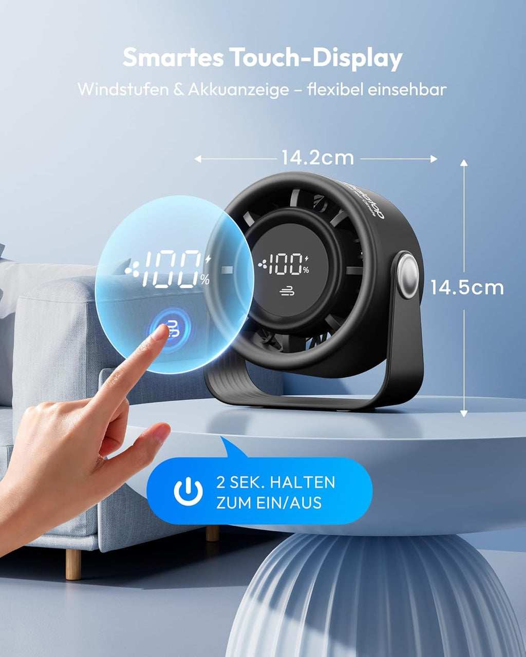 Gaiatop Akku Tischventilator USB 5 Stufen 360° neigbar Touch-Display Schwarz