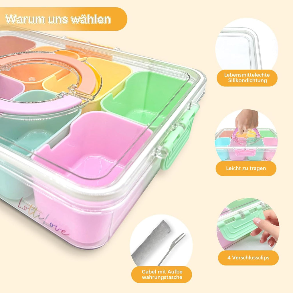 Snackbox 8 Faecher mit Deckel, 6 Obstgabeln und Besteckbeutel