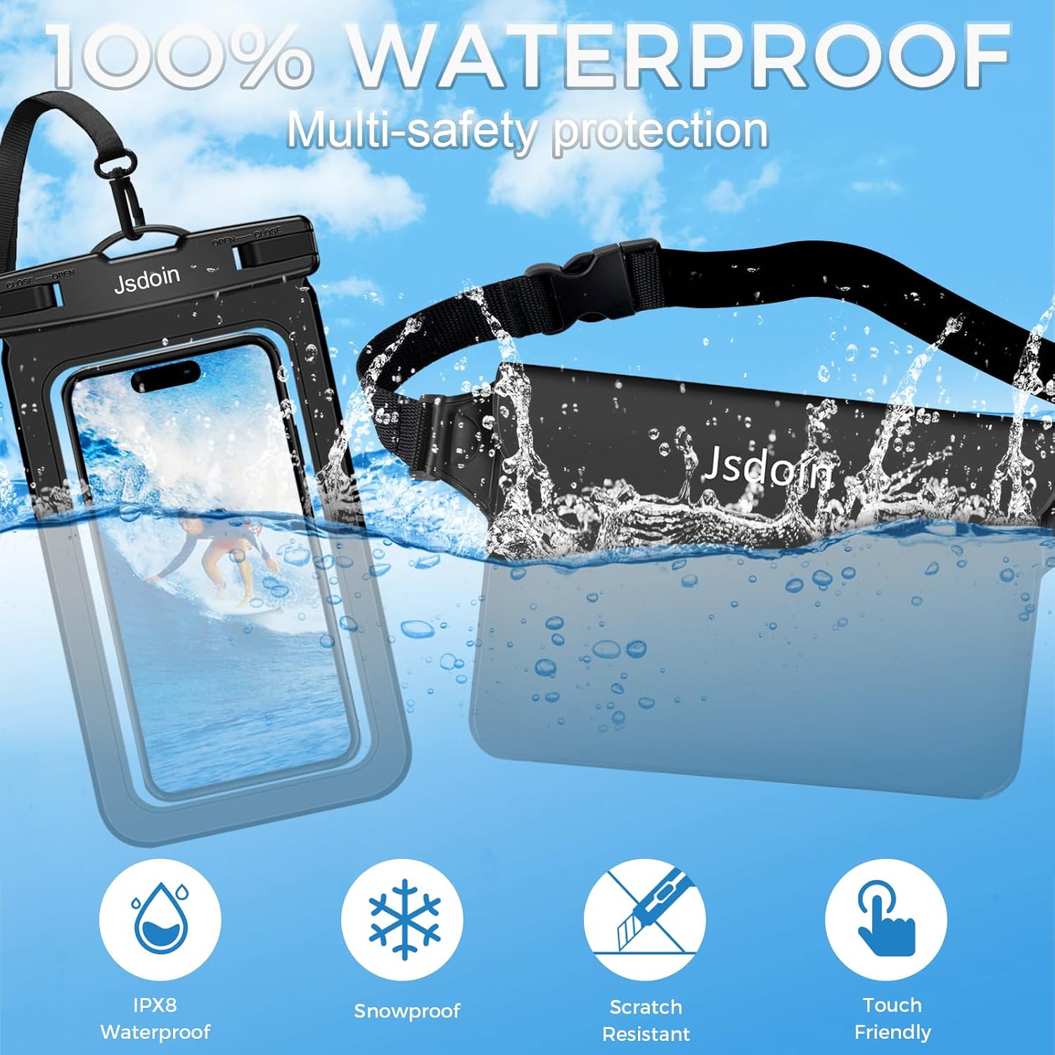 Jsdoin wasserdichte Bauchtasche mit verstellbarem Band + Handyhuelle, Schwarz