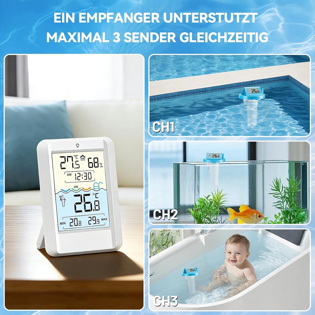 Warmfay Funk Poolthermometer schwimmend, solar/akku, wasserdicht IP68, Empfaenger