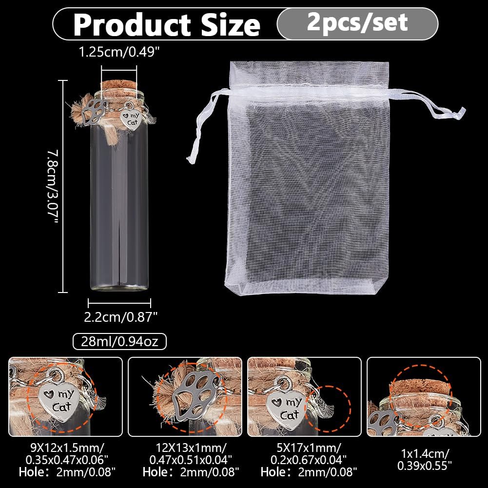 2x Mini Glasherz Erinnerungsflasche Haustier Urne für Tierhaare