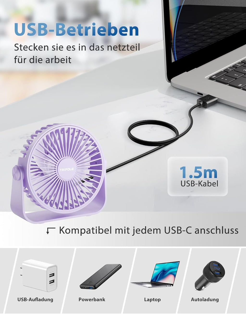 TriPole USB Tischventilator 11,4 cm 3 Stufen 360° verstellbar 1,5 m Kabel
