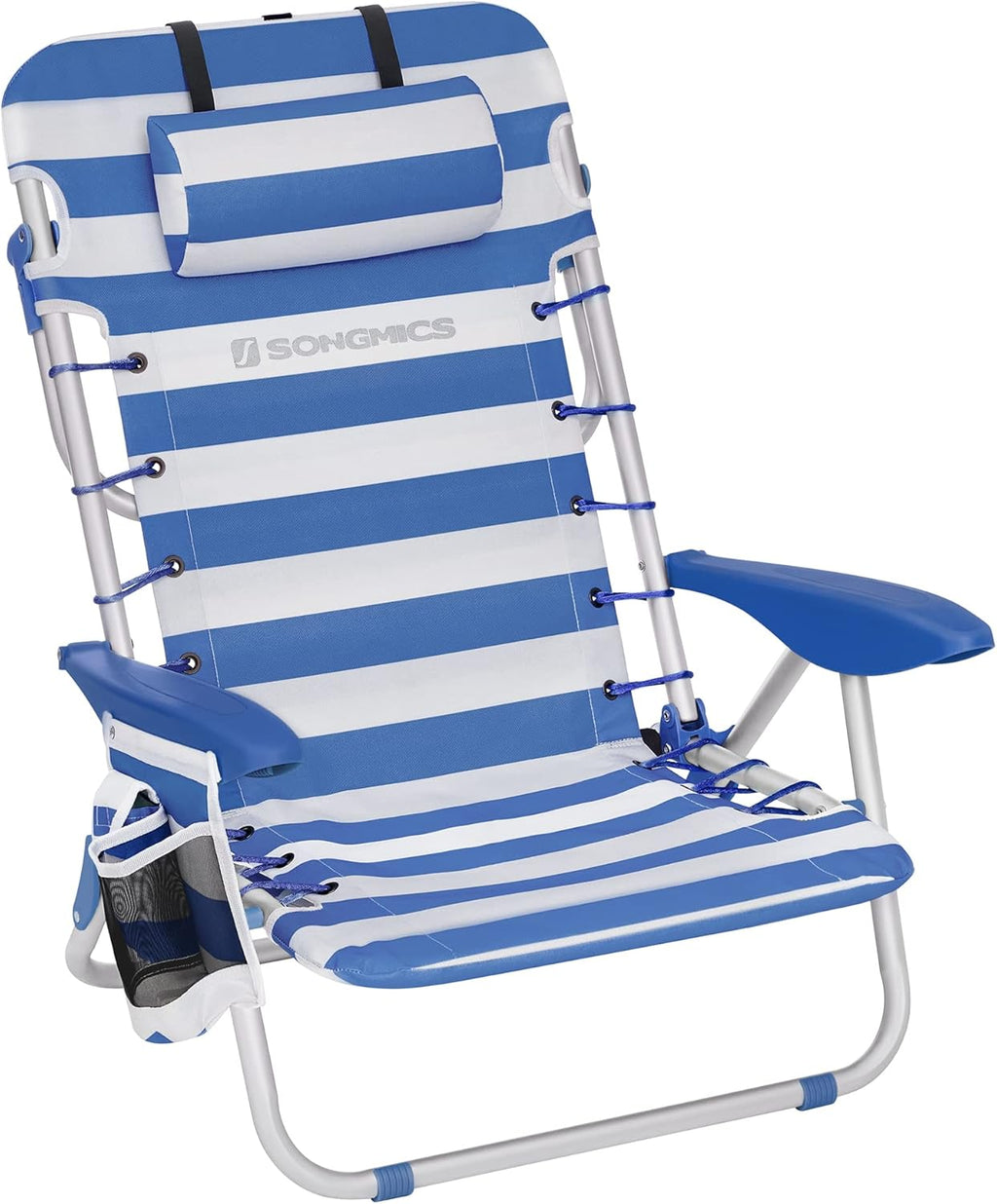 SONGMICS Strandstuhl faltbar mit verstellbarer Rueckenlehne, Kopfstuetze, Blau Wei