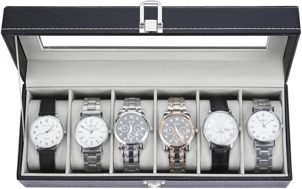 Ohuhu Uhrenbox 6 Faecher mit Glasdeckel Uhrenaufbewahrung