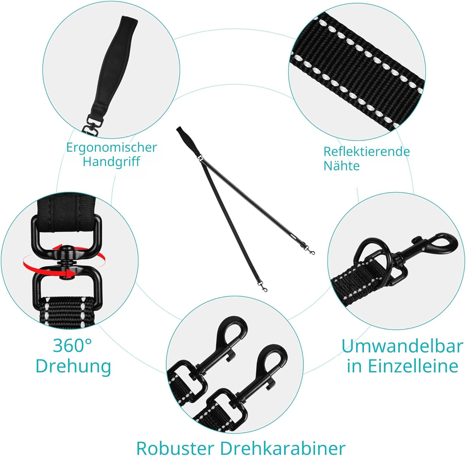 PetBonus Hundeleine Anti-Zieh doppelt reflektierend Schwarz Groesse Gross/Mittel