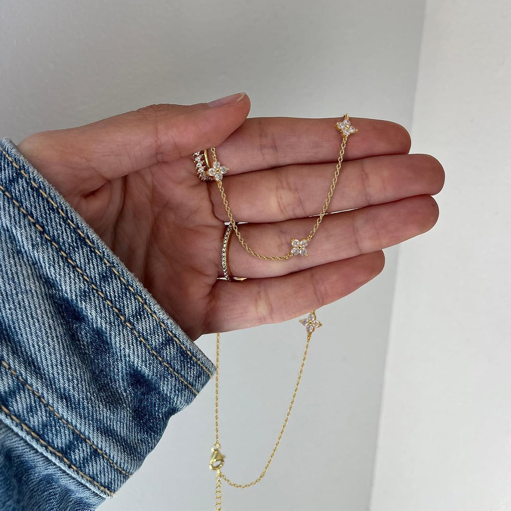 925 Silber Halskette Damen vergoldet 14K Kleeblatt Herz Perlen Zirkonia