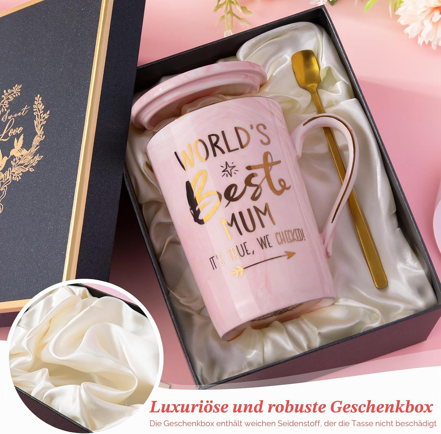 Tasse rosa Marmor mit Deckel Loeffel Geschenkbox Muttertag