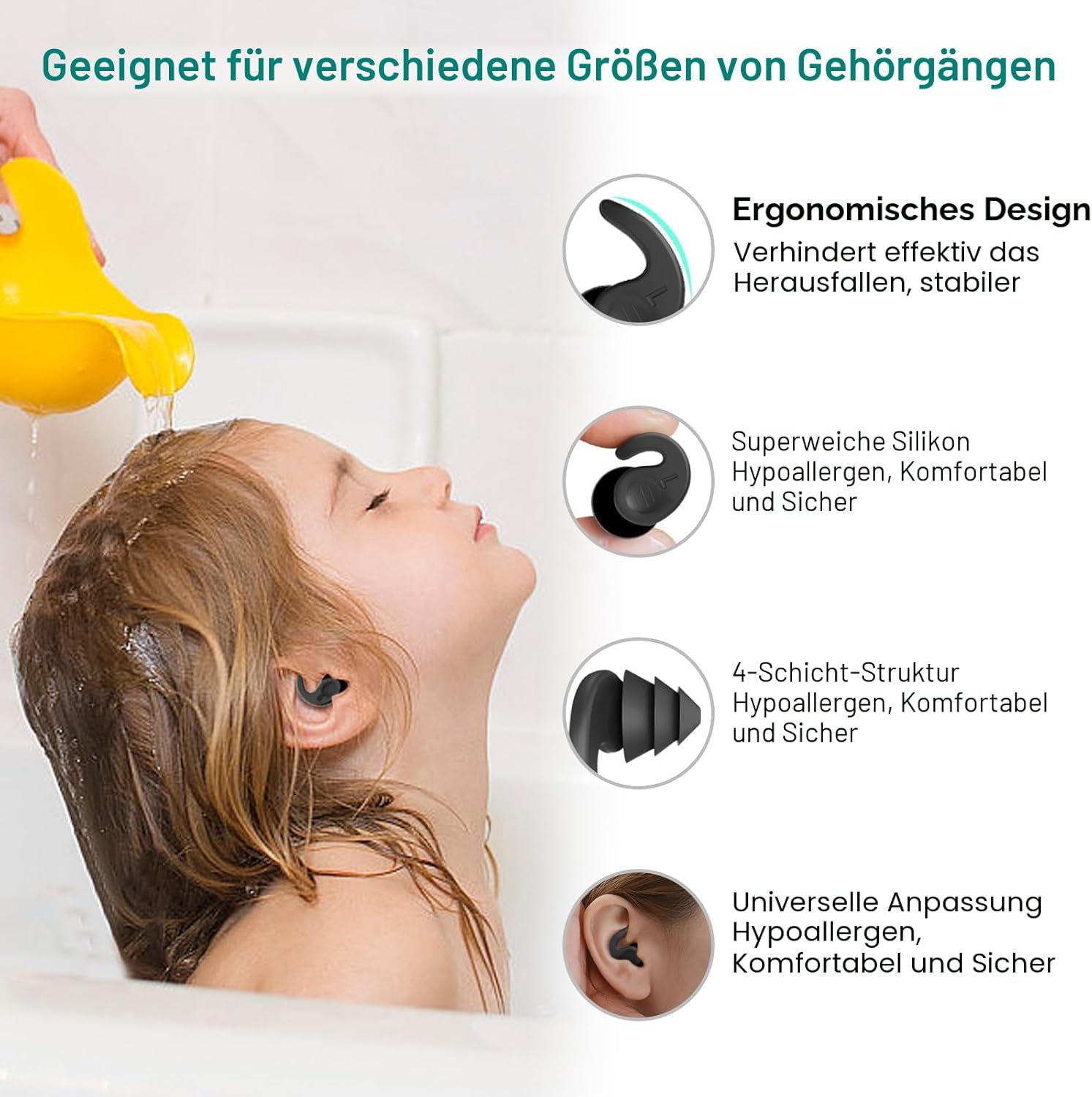 Wiederverwendbare Silikon Ohrstoepsel Schwimmen 3 Paar Erwachsene ab 14