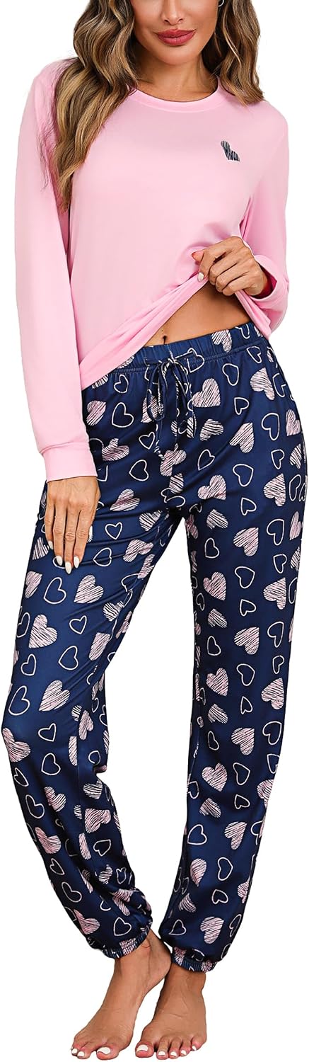 Damen Schlafanzug lang Baumwolle Winter Pyjama Set Herz‑Print Tasche S-XXL