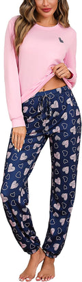Damen Schlafanzug lang Baumwolle Winter Pyjama Set Herz‑Print Tasche S-XXL