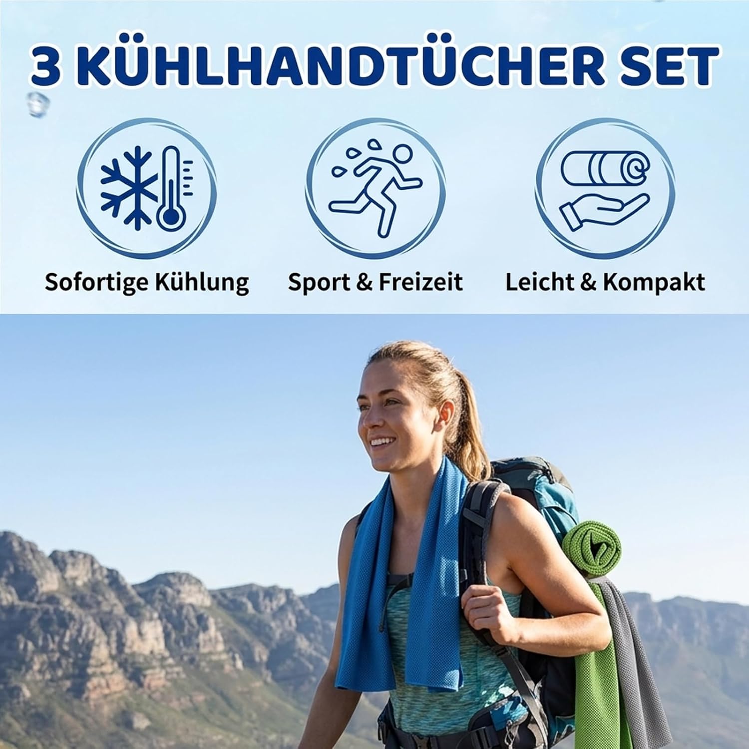 Kuehltuecher 3er Set Cooling Towel Grau Blau Gruen Kuehlhandtuch Sport Handtuch Kuehl