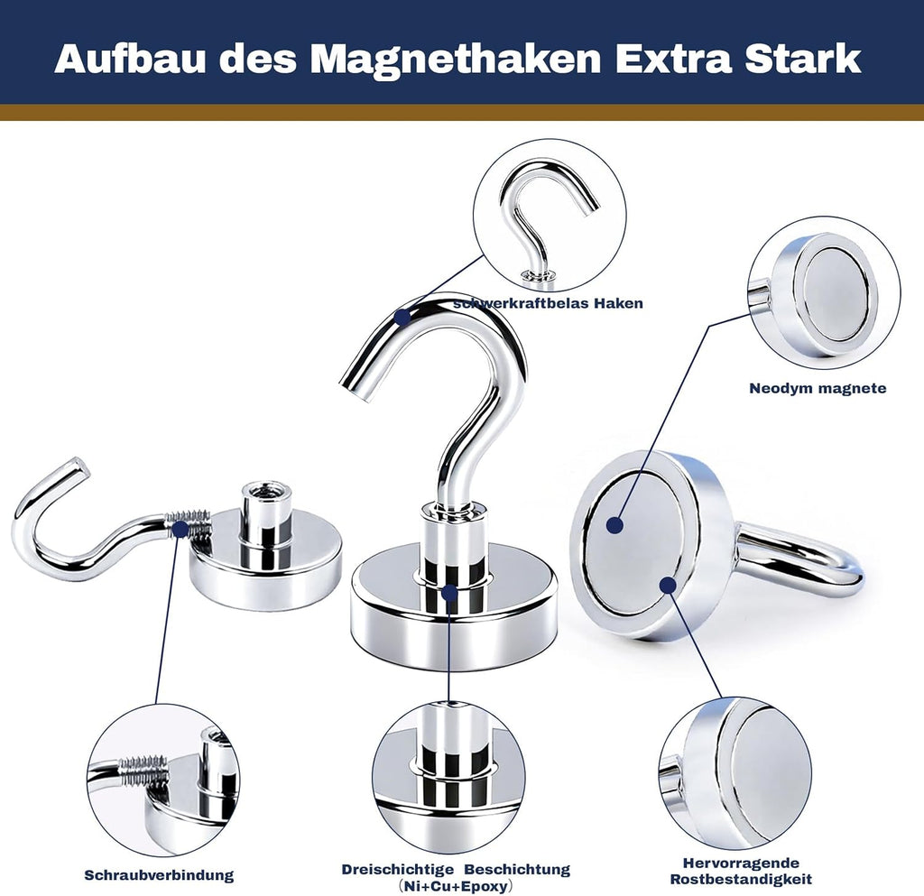 10x Neodym Magnethaken 20x33 mm 15 kg Tragkraft - stark, abnehmbar, ohne Bohren