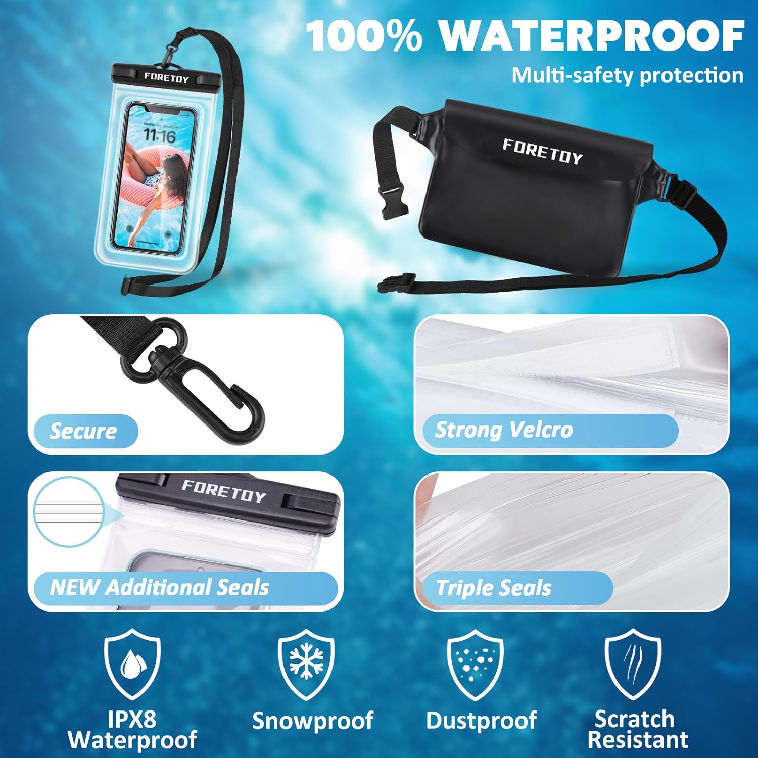 FORETOY wasserdichte Handytasche IPX8 Bauch- und Beutelhuelle fuer Wassersport