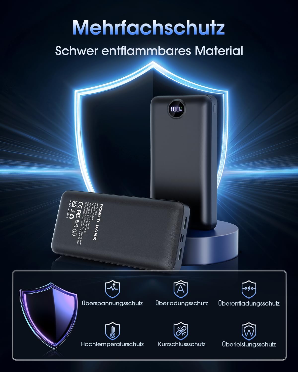 PowerBank 50000 mAh 22,5W USB-C Powerbank 3 Ausgaenge 2 Eingaenge LED Display