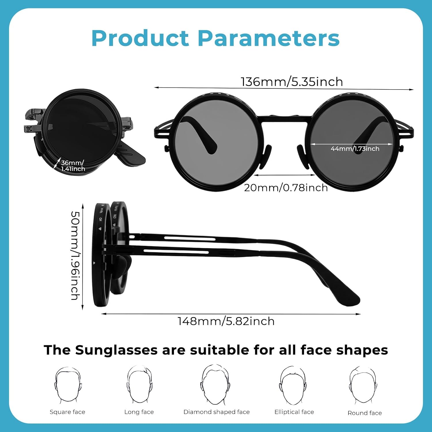 Faltbare runde Sonnenbrille mit 9-stufigem ND-Filter UV400 TAC Glaeser Metallrahm