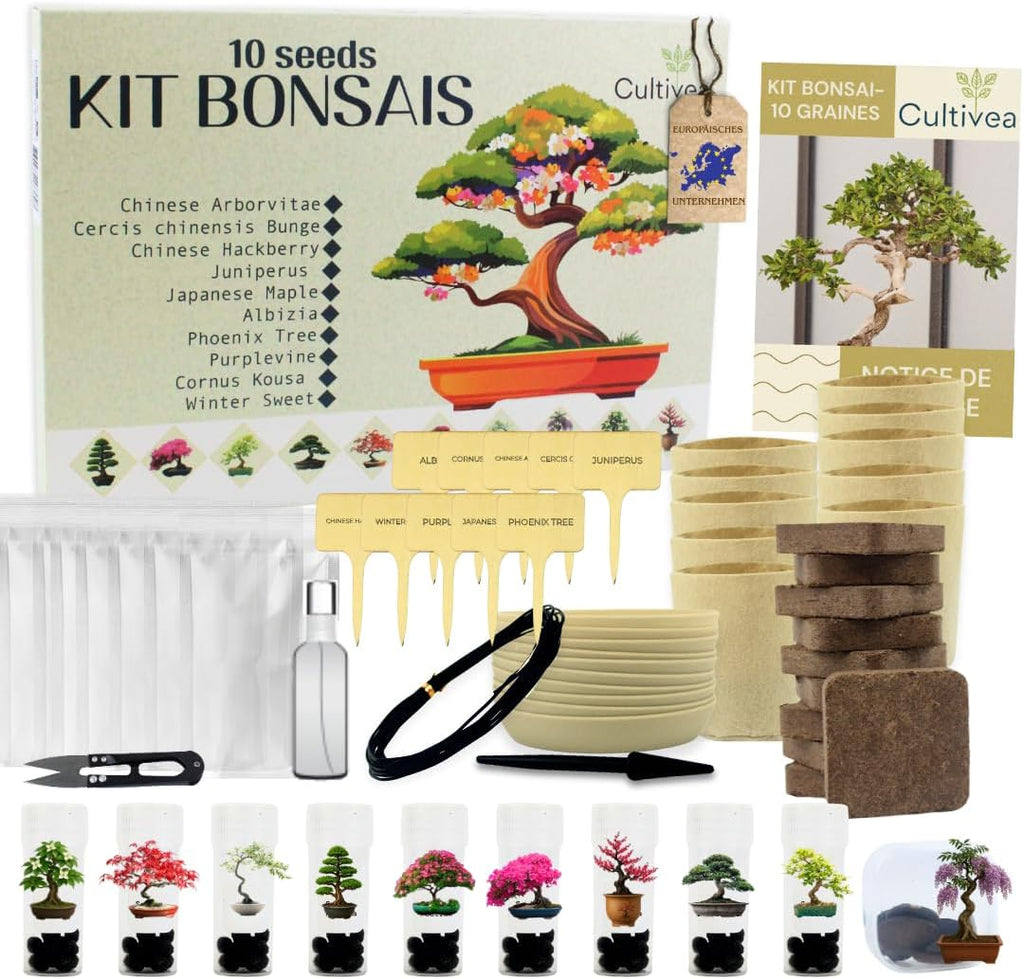 Bonsai Anzuchtset mit Samen fuer 10 Baeume - Komplettes Starter Kit