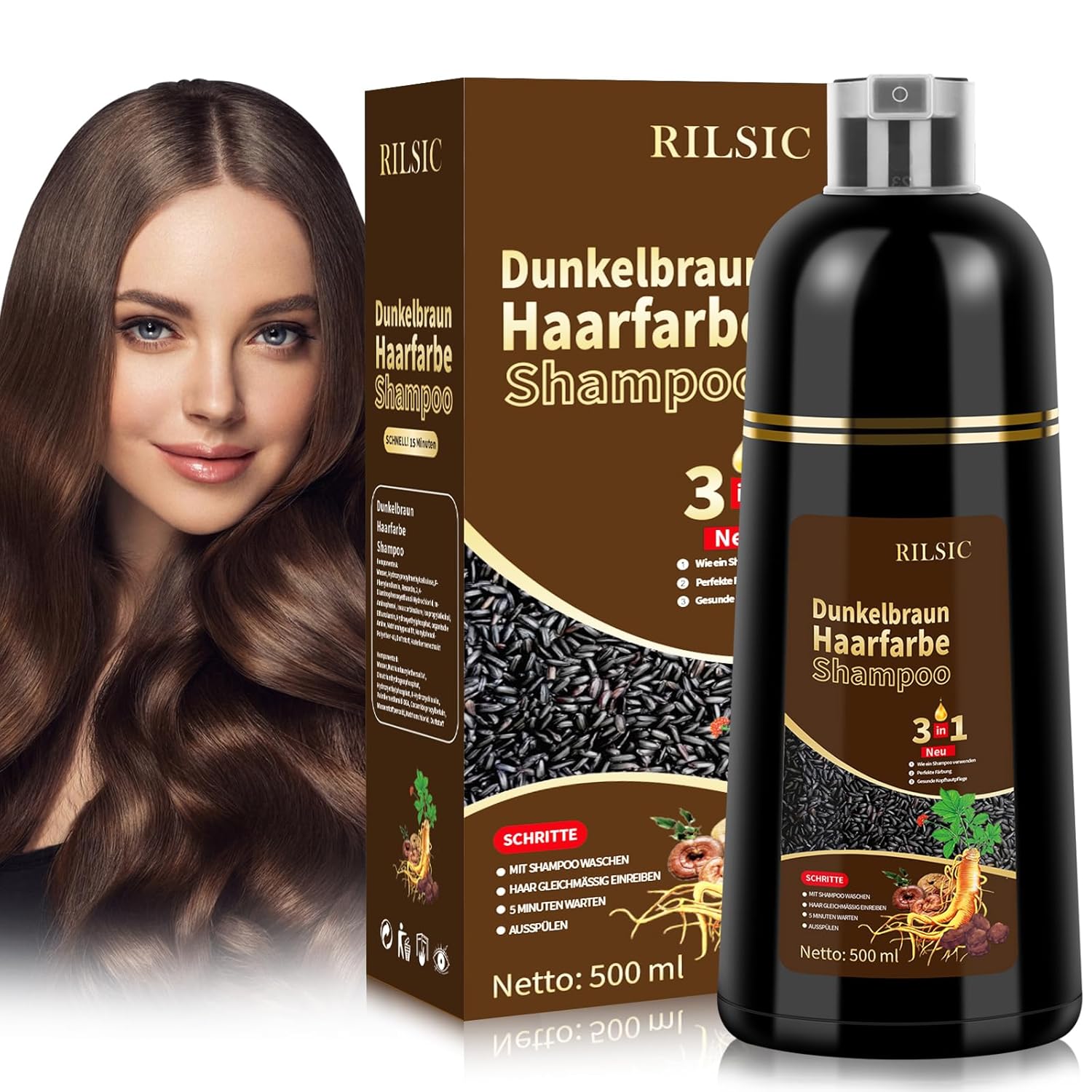 Haarfaerbeshampoo Braun 3-in-1 gegen graue Haare fuer Maenner Frauen