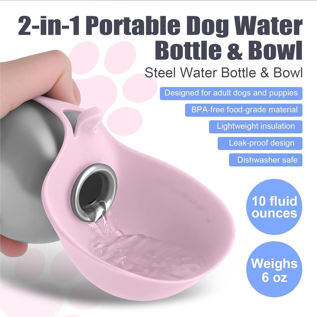 Hunde Trinkflasche Edelstahl mit faltbarem Silikonnapf Auslaufsicher Rosa
