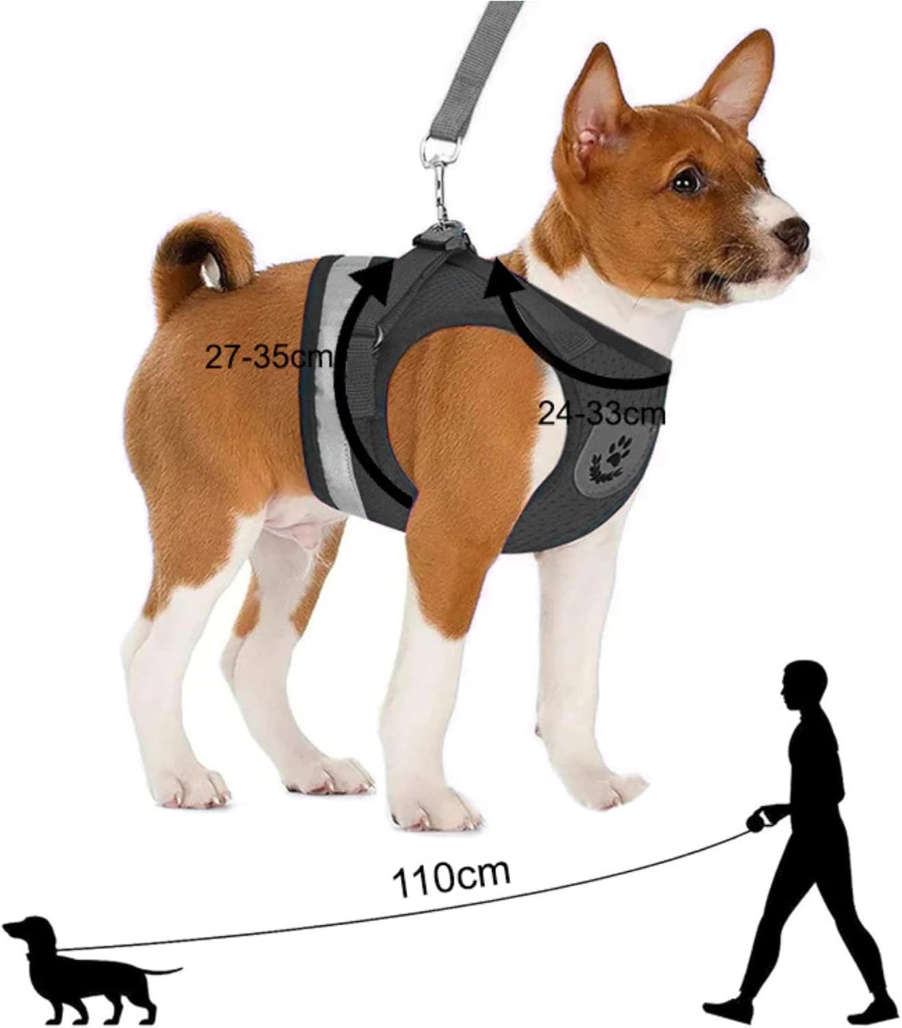 Reflektierendes Hundegeschirr S atmungsaktiv mit 110 cm Leine Schwarz