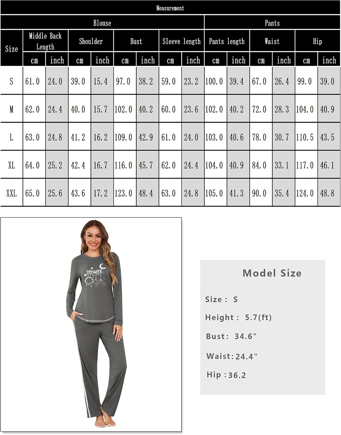 Damen Schlafanzug lang Baumwolle Pyjama Set mit Print und Taschen S-XXL
